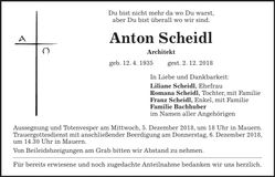Traueranzeige Anton Scheidl