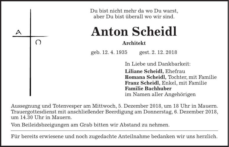 Traueranzeige Anton Scheidl