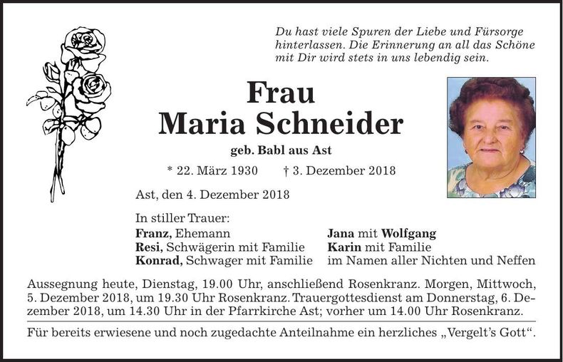 Traueranzeige Maria Schneider