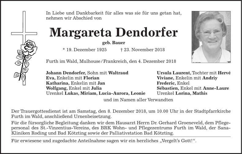 Traueranzeige Margarete Dendorfer