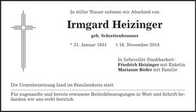 Traueranzeige Irmgard Heizinger