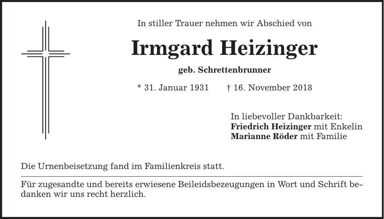 Traueranzeige Irmgard Heizinger