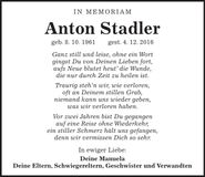 Traueranzeige Anton Stadler