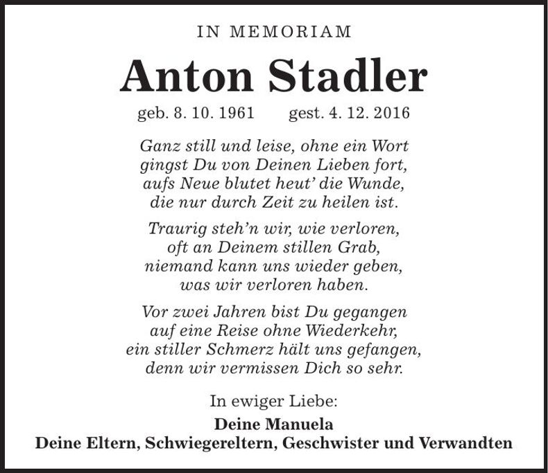 Traueranzeige Anton Stadler