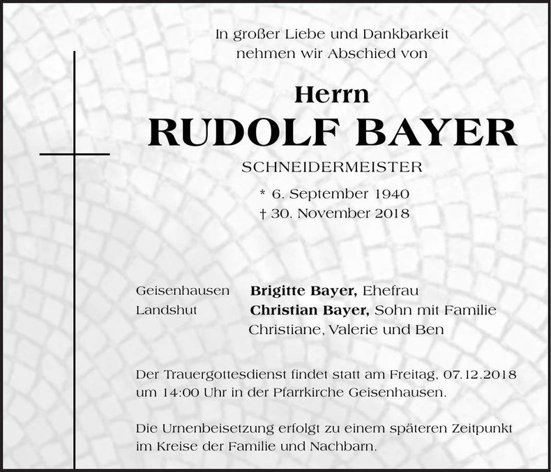Traueranzeige Rudolf Bayer