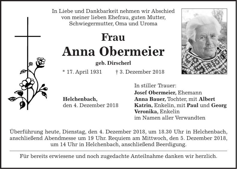 Traueranzeige Anna Obermeier