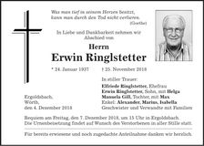 Traueranzeige Erwin Ringlstetter