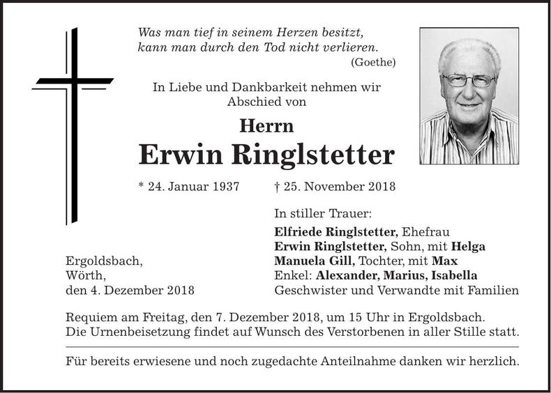 Traueranzeige Erwin Ringlstetter
