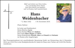 Traueranzeige Hans Weidenbacher