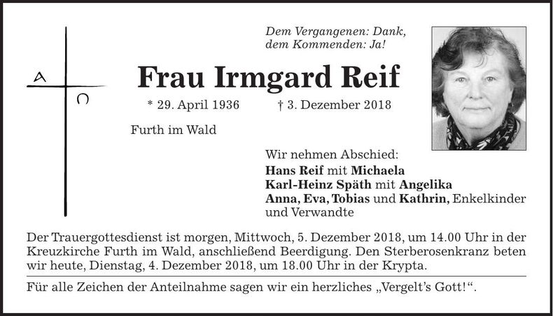 Traueranzeige Irmgard Reif