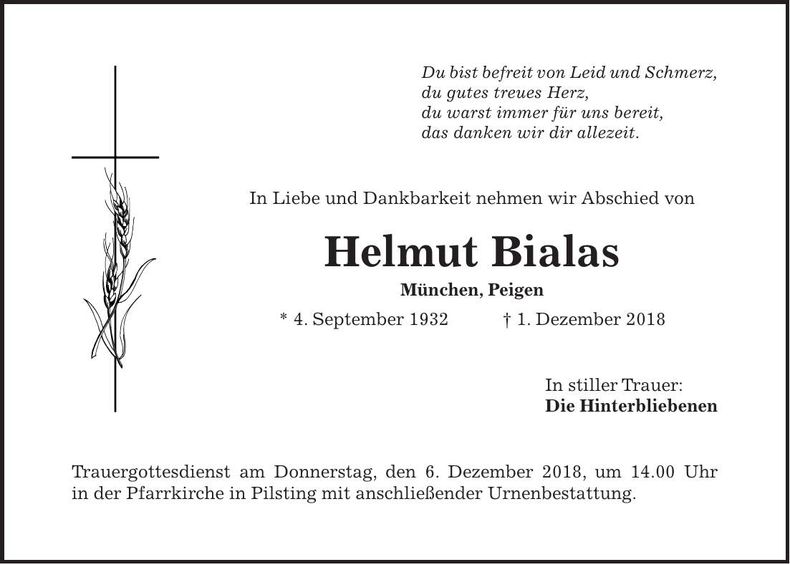 Traueranzeige Helmut Bialas