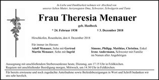Traueranzeige Theresia Menauer