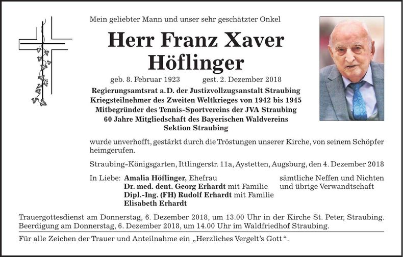Traueranzeige Franz-Xaver Höflinger