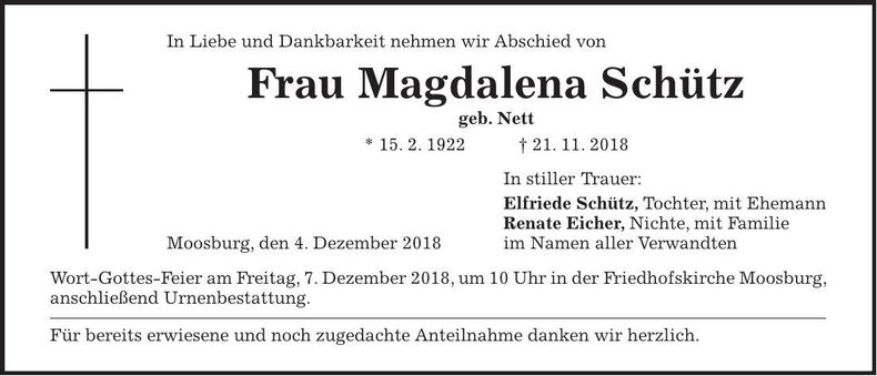 Traueranzeige Magdalena Schütz