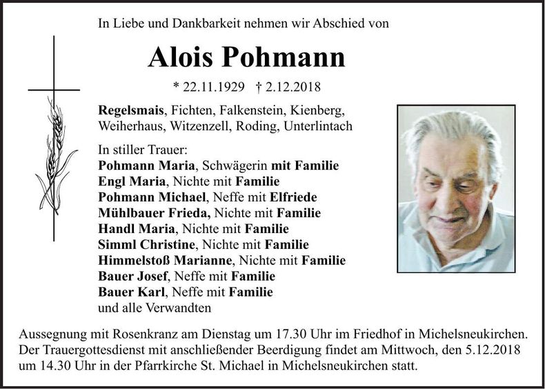 Traueranzeige Alois Pohmann