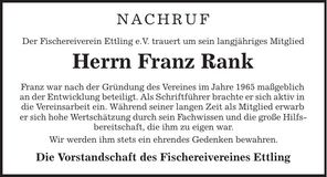 Traueranzeige Franz Rank