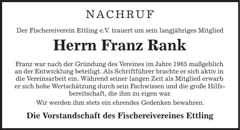Traueranzeige Franz Rank