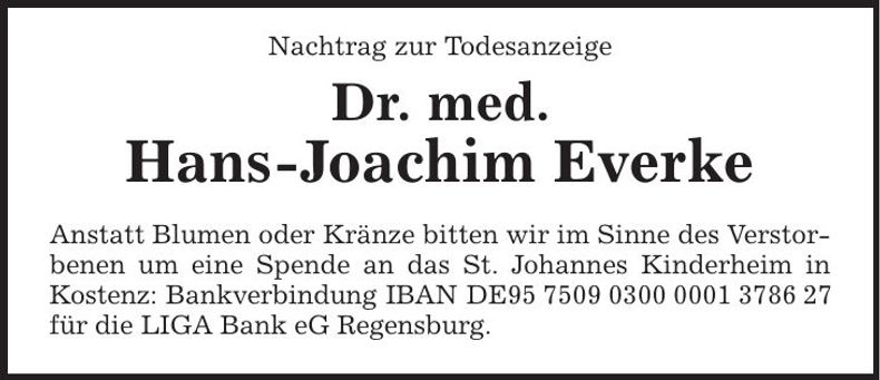 Traueranzeige Dr. med. Hans-Joachim Everke