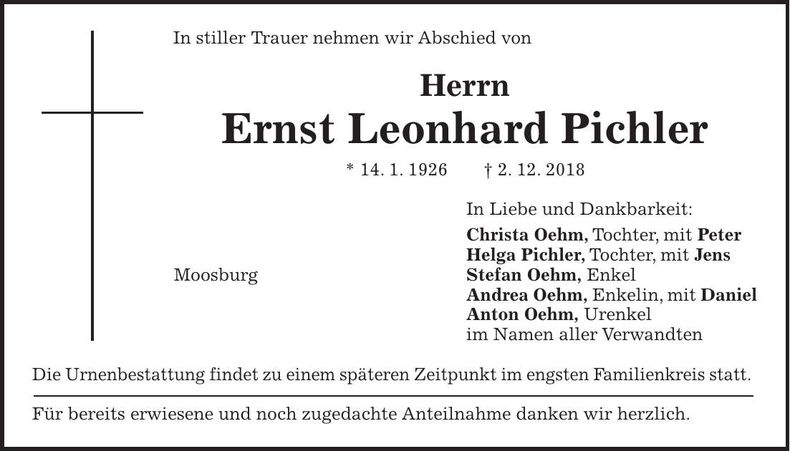 Traueranzeige Ernst Leonhard Pichler