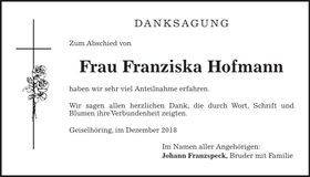 Traueranzeige Franziska Hofmann