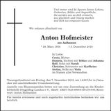 Traueranzeige Anton Hofmeister