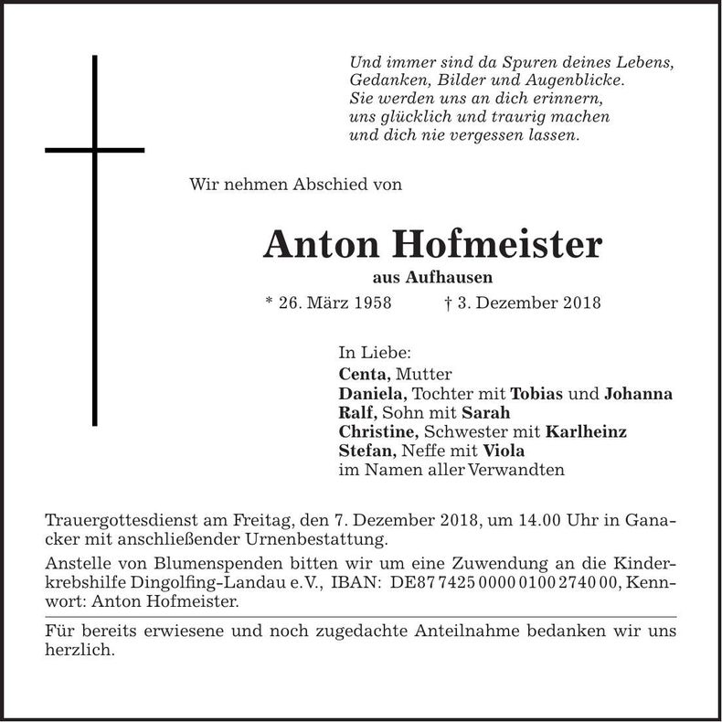 Traueranzeige Anton Hofmeister