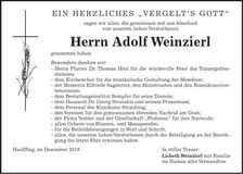 Traueranzeige Adolf Weinzierl