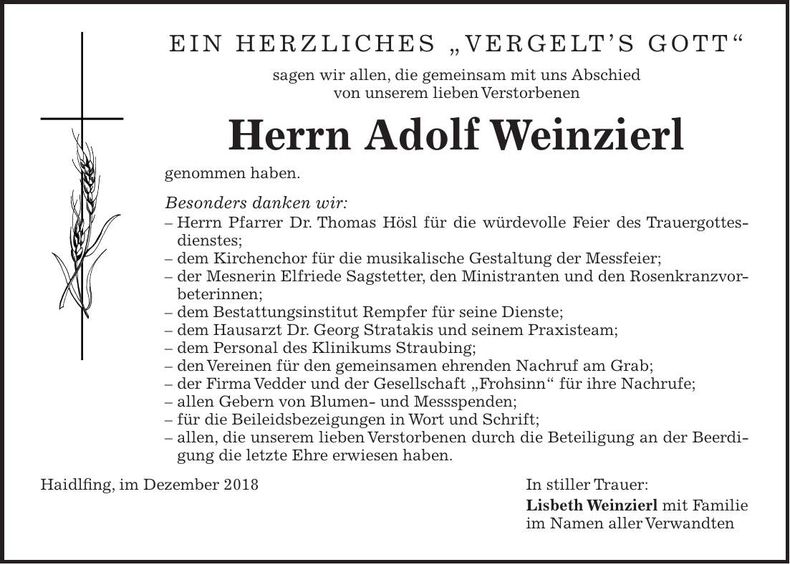 Traueranzeige Adolf Weinzierl
