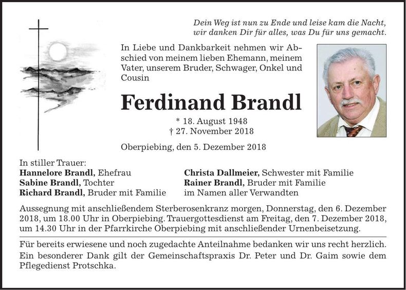 Traueranzeige Ferdinand Brandl