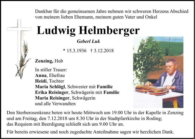 Traueranzeige Ludwig Helmberger