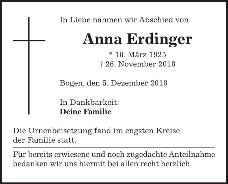 Traueranzeige Anna Erdinger