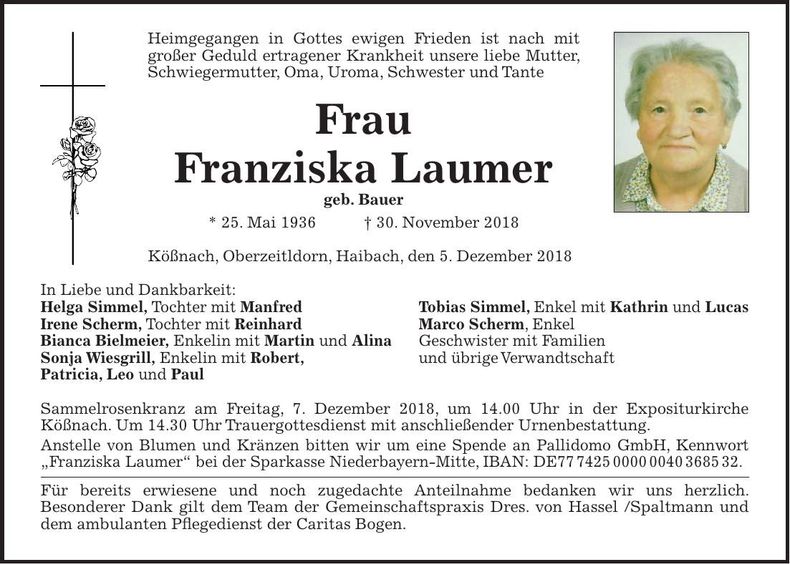 Traueranzeige Franziska Laumer