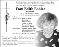 Traueranzeige Edith Babler