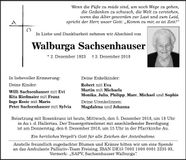 Traueranzeige Walburga Sachsenhauser