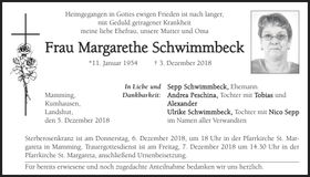 Traueranzeige Margarethe Schwimmbeck