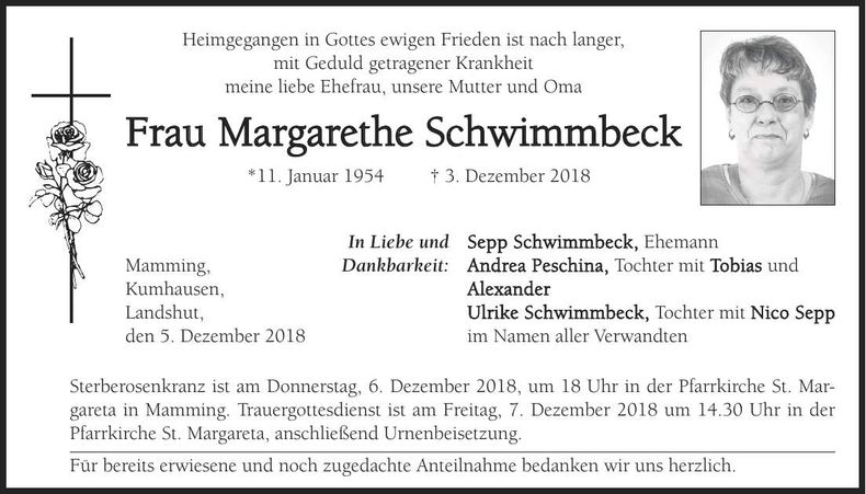 Traueranzeige Margarethe Schwimmbeck