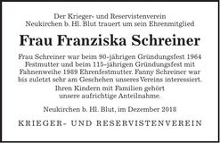 Traueranzeige Franziska Schreiner