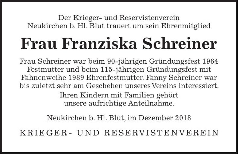 Traueranzeige Franziska Schreiner