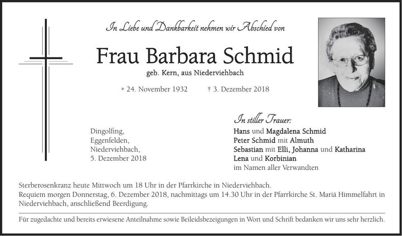 Traueranzeige Barbara Schmid