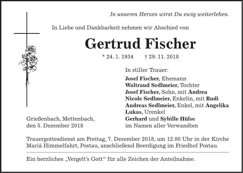 Traueranzeige Gertrud Fischer