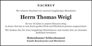 Traueranzeige Thomas Weigl