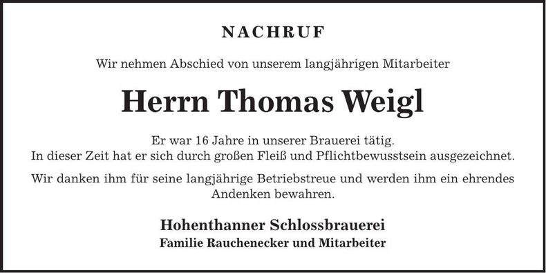 Traueranzeige Thomas Weigl