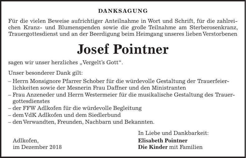 Traueranzeige Josef Pointner