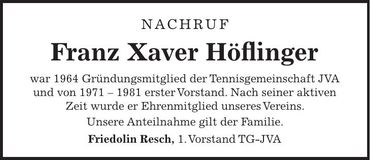 Traueranzeige Franz Xaver Höflinger