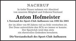 Traueranzeige Anton Hofmeister