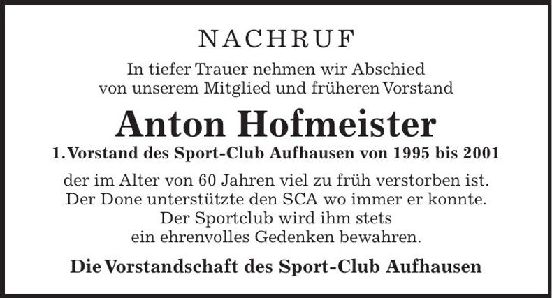 Traueranzeige Anton Hofmeister
