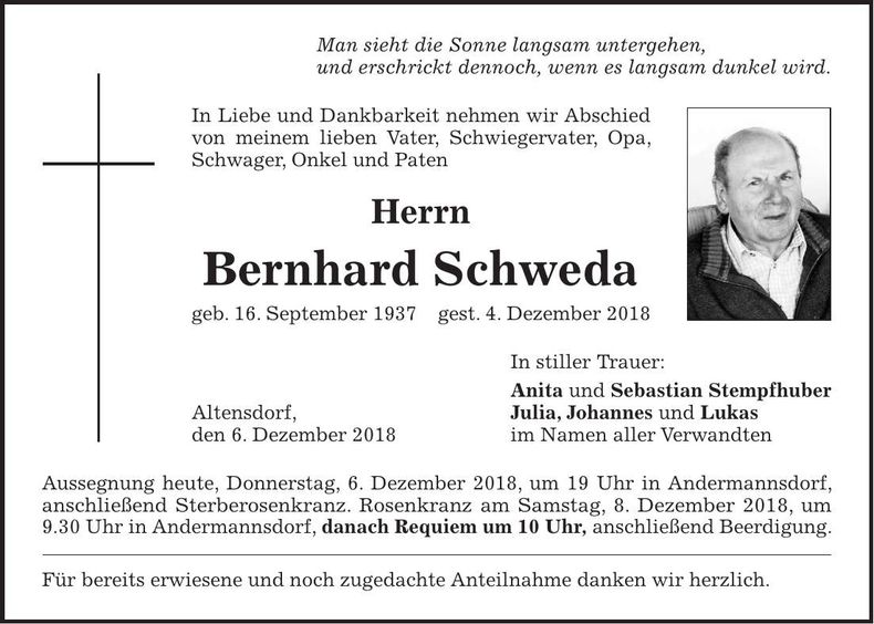 Traueranzeige Bernhard Schweda