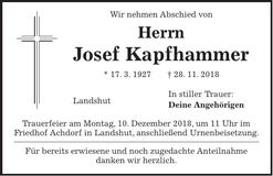 Traueranzeige Josef Kapfhammer
