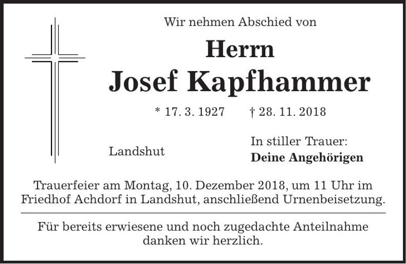 Traueranzeige Josef Kapfhammer