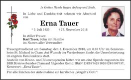 Traueranzeige Erna Tauer